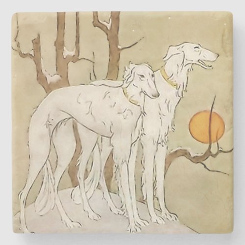 âœGreyhounds in Winterâ by Marjorie Miller Stone Coaster