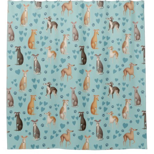 Greyhounds with hearts and paw prints shower curtain