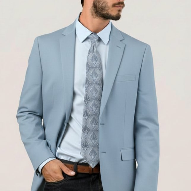 Greyish blue white diamonds Art Deco pattern Neck Tie (Creator Uploaded)