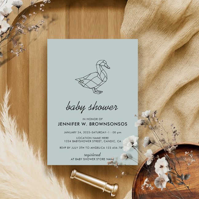 Greyish Green Simple Line Animal Duck Invitation