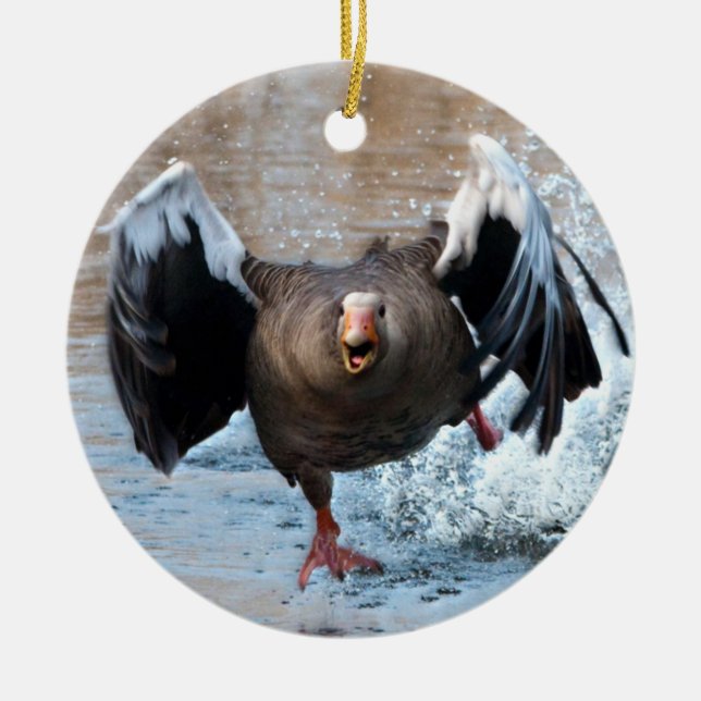 Greylag Goose on the Chase Ceramic Ornament (Front)