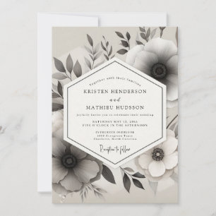 Greyscale Ink Wash Anemone Wedding Invitation