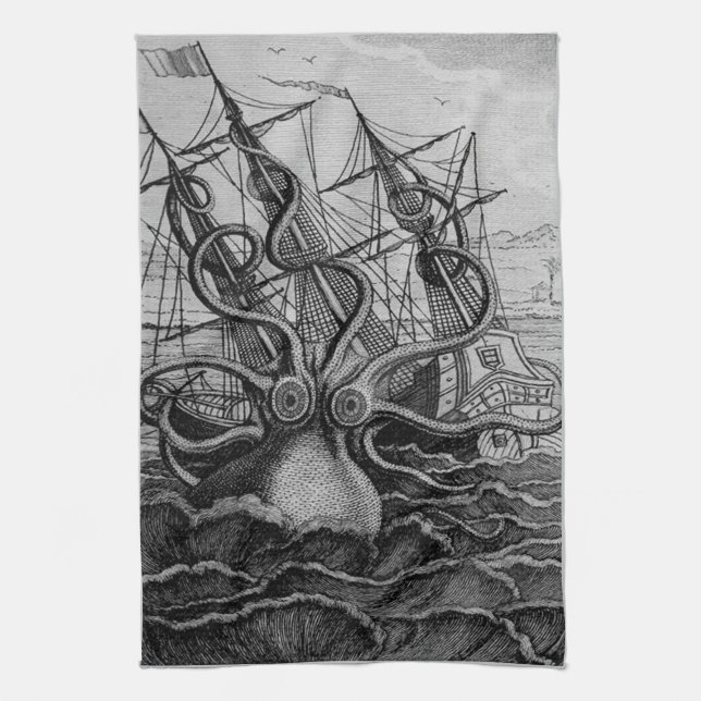 Greyscale Kraken Kitchen Towel (Vertical)