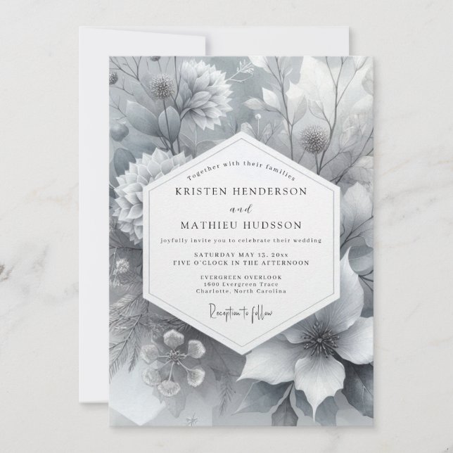 Greyscale Painterly Bloom Wedding Invitation (Front)