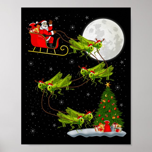 Grhopper Santa Sleigh Flying Funny Magical Christm Poster (Front)