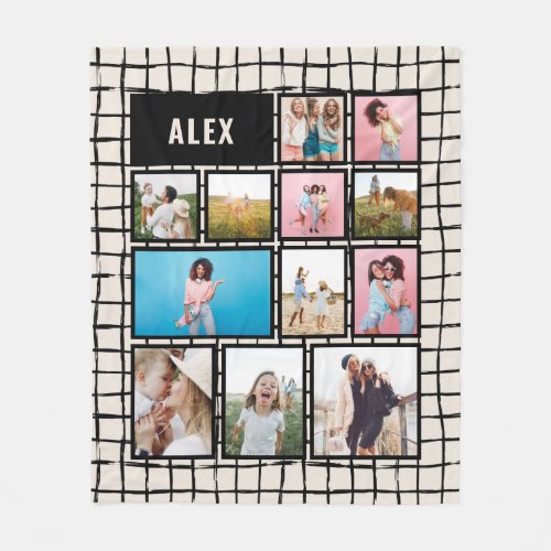 Grid black cream 12 photo modern minimal abstract fleece blanket