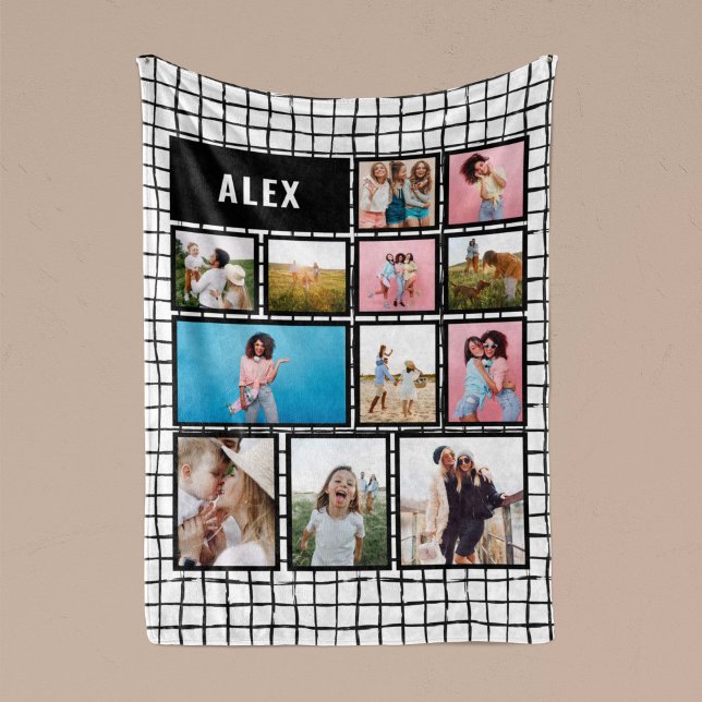 Grid black white 12 photo modern minimal abstract fleece blanket (Creator Uploaded)