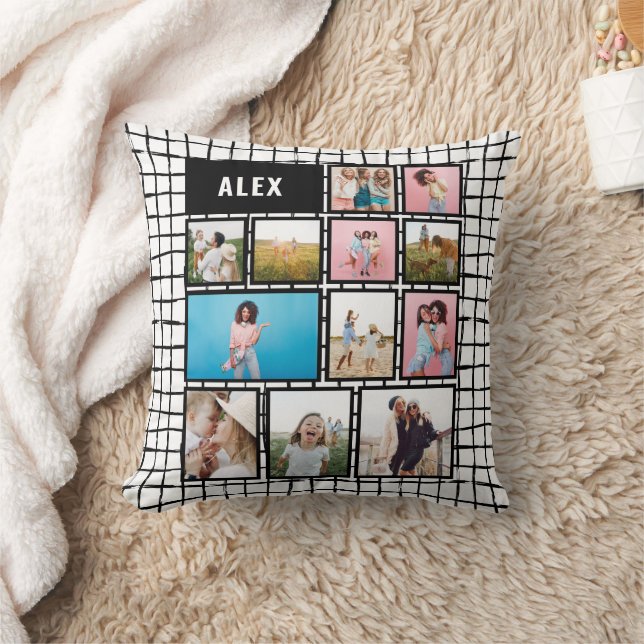 Grid black white 12 photo modern minimal  throw pillow (Blanket)