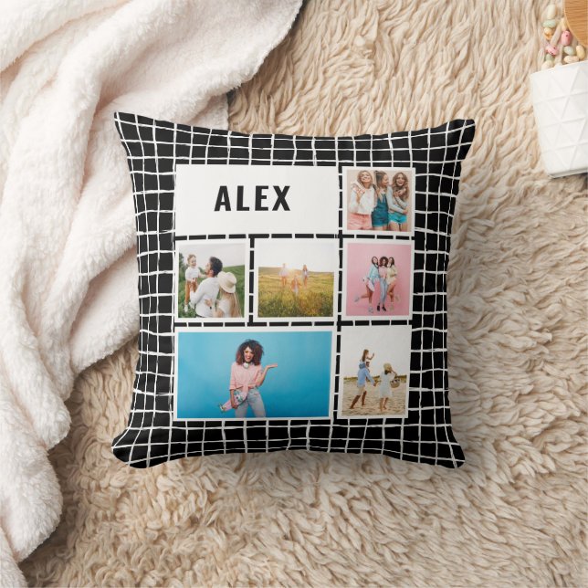 Grid black white 6 photo modern minimal abstract throw pillow (Blanket)