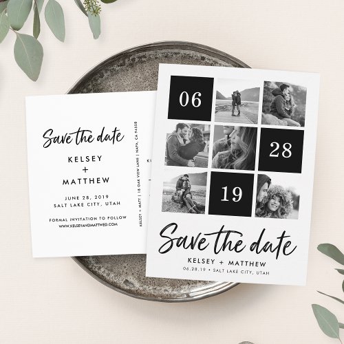 Grid Collage  Black and White Photo Save the Date Announcement Postcard