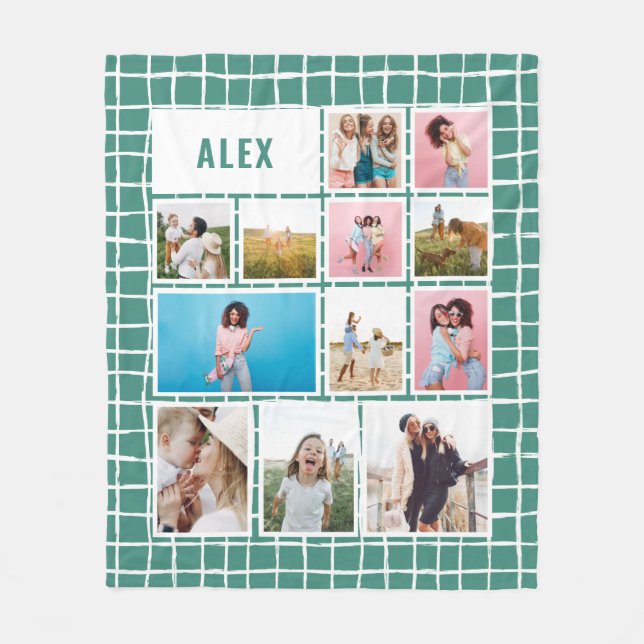 Grid green white 12 photo modern minimal abstract fleece blanket (Front)