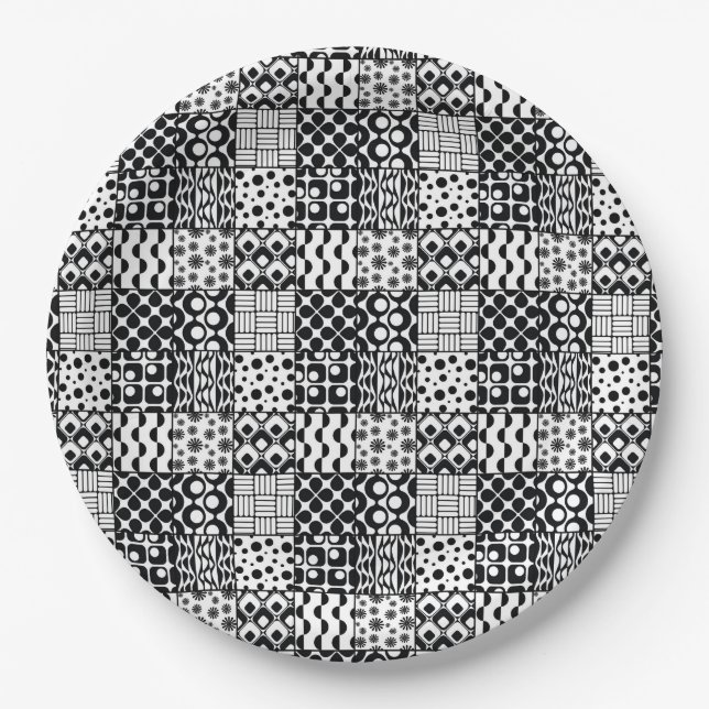 Grid of Black-and-White Geometric Patterns, 01 Paper Plates (Front)