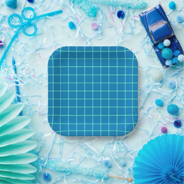 Grid Pattern in Blue and Mint Green Paper Plates (Party)
