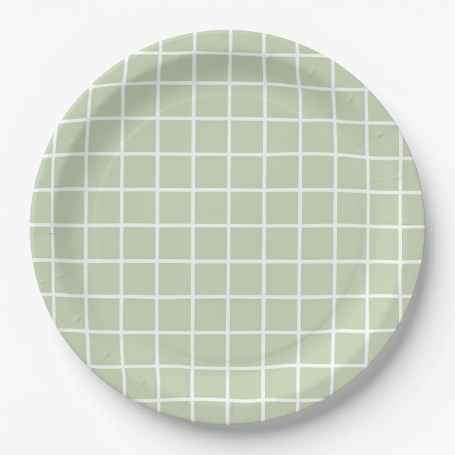 Grid Pattern Pastel Green Plaid Paper Plates (Front)