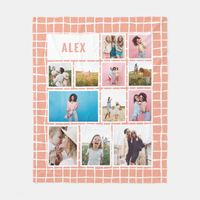 Grid peach white 12 photo modern minimal abstract fleece blanket (Front)