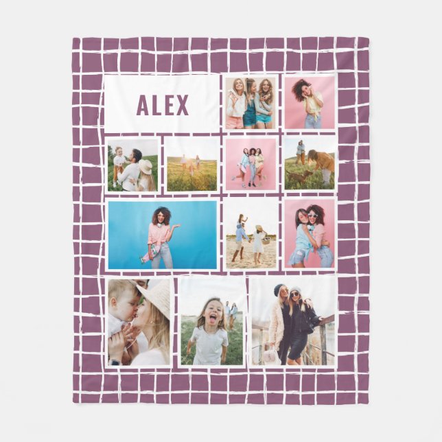 Grid purple white 12 photo modern minimal abstract fleece blanket (Front)