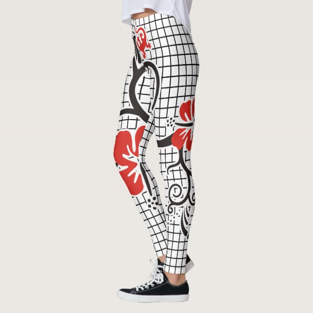 Grid seamless pattern black & hibiscus decor leggings (Left)