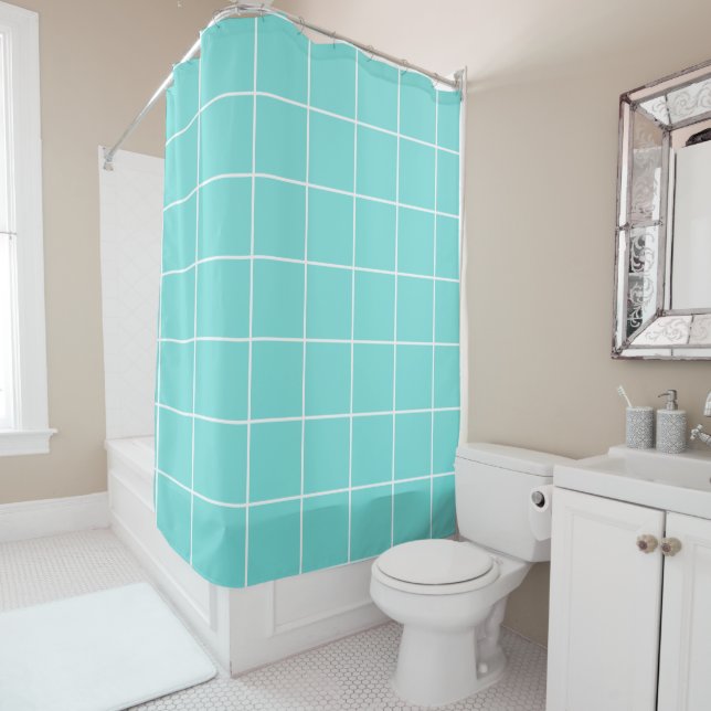 Grid Turquoise and White Shower Curtain (In Situ)