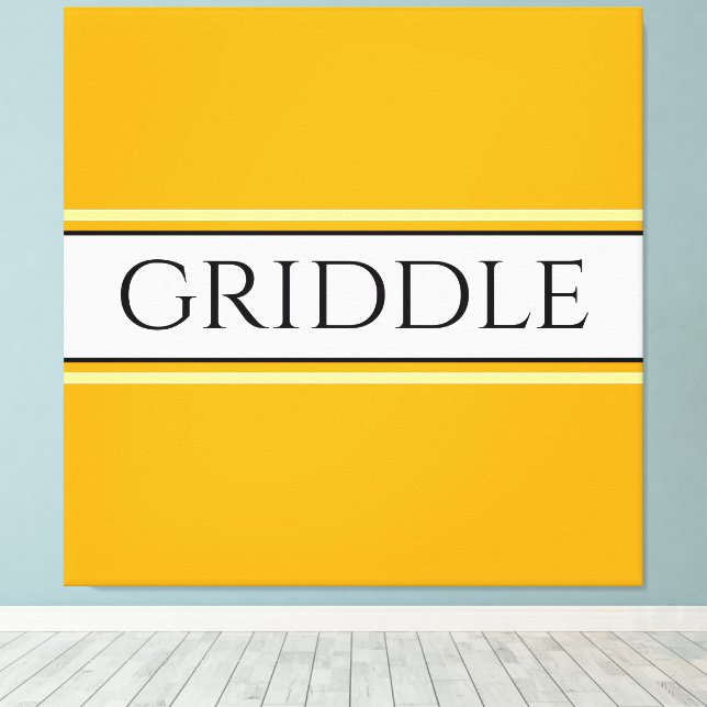 GRIDDLE Bright Golden Orange White Stripes Text Canvas Print (Insitu(Wood Floor))
