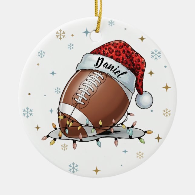 Gridiron Glow: Football with Santa Hat  Ceramic Ornament (Front)