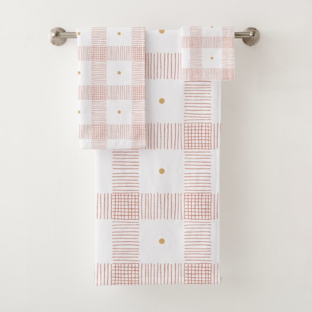 Gridlight-Modern Geometric Pattern in Red & White Bath Towel Set (Insitu)