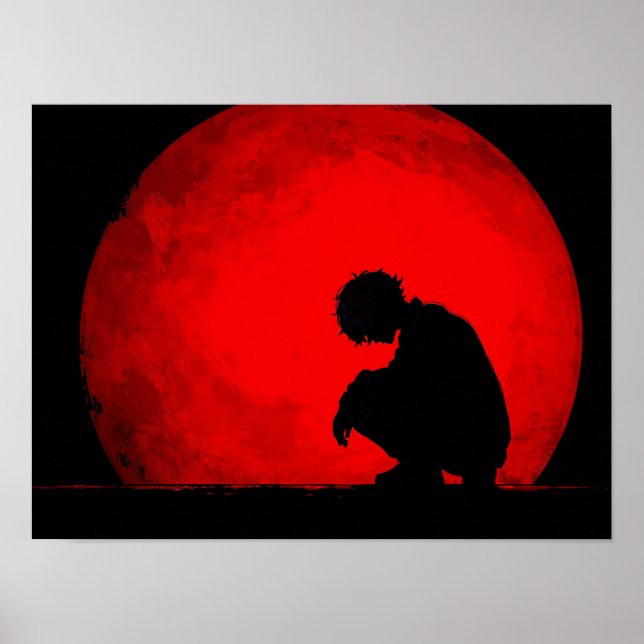 Grieving Man Silhouette Against Textured Red Moon  Poster (Front)