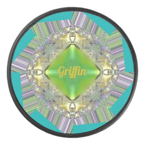 GRIFFIN  Shades of Green Blue Mauve and Gold   Hockey Puck