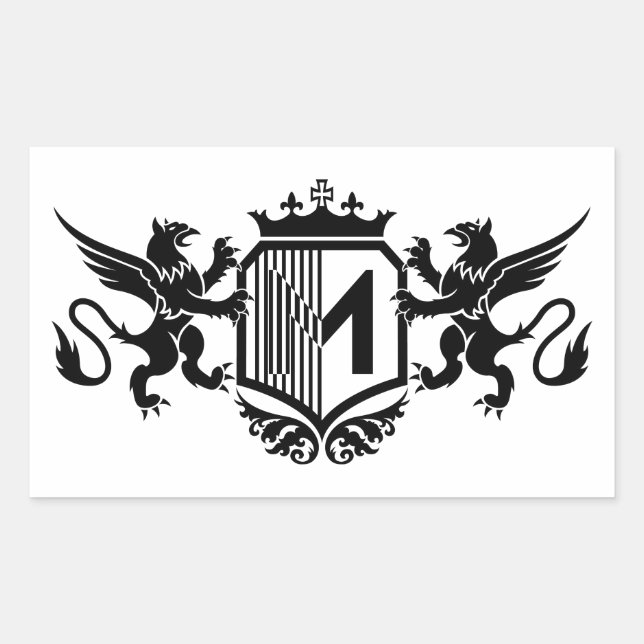 Griffins flanking a shield with the letter "M" Rectangular Sticker (Front)
