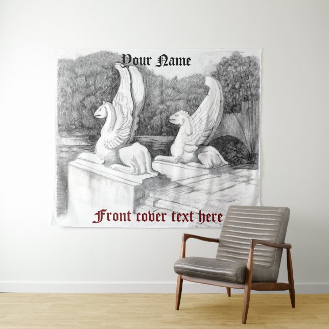 Griffins sculpture monochrome pencil Art Tapestry (In Situ (Horizontal))