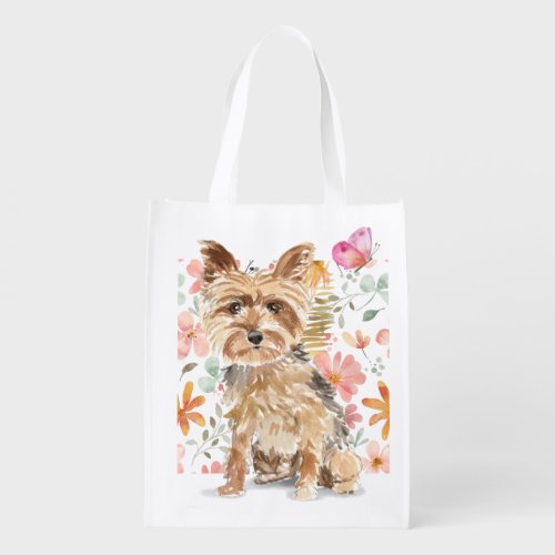 Griffon Dog on Flowers Grocery Bag