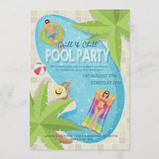 Grill and Chill Adult Birthday Pool Party Invite