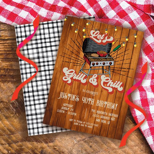 Grill and Chill BBQ Woodcut Retro Birthday Party Invitation