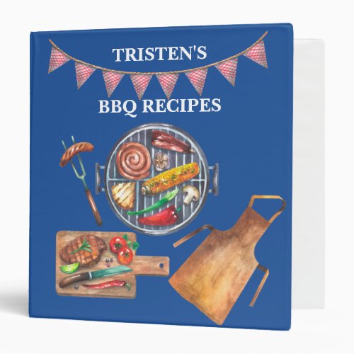  Grill BBQ Barbecue Recipes Watercolor Monogram 3 Ring Binder