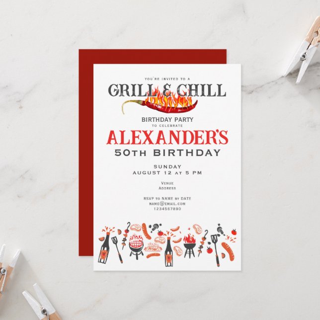 Grill & Chill Barbeque Cookout BBQ Birthday Party Invitation (Front/Back In Situ)