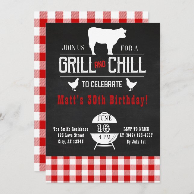 Grill & Chill BBQ BirthdayRustic Chalkboard Invite (Front/Back)