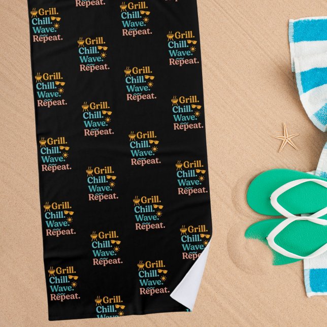 Grill chill wave repeat summer beach quote black beach towel (Creator Uploaded)