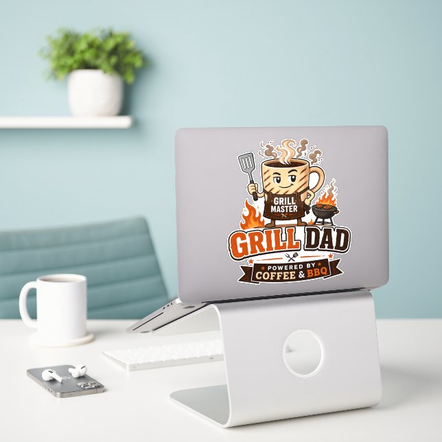 Grill Dad Powered By Coffee And BBQ Funny Dad Sticker (Laptop On Desk)
