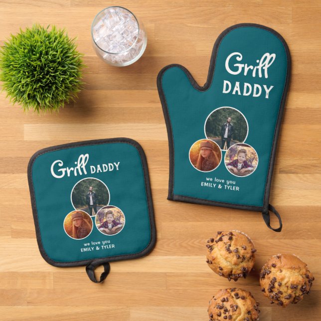 Grill Daddy Modern Oval 3 Photo Father`s Day  Oven Mitt & Pot Holder Set (Top Down)