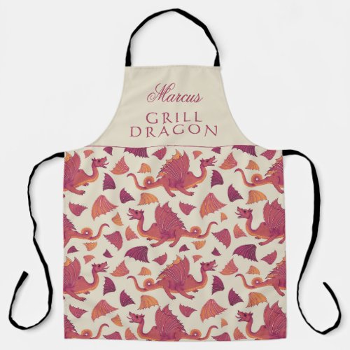 Grill Dragon Red Dragon Pattern Apron - Grill Dragon Red Dragon Pattern Apron. Hand-drawn dragon and wing pattern in red and orange colors. Add your name. You can change the text.