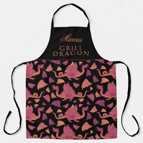 Grill Dragon Red Hand Drawn Dragon Pattern Apron - Grill Dragon Red Hand Drawn Dragon Pattern Apron. Hand drawn dragon and wing pattern in red and orange colors on a black background. Add your name. You can change the text.