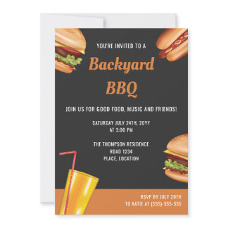 Grill Food Hamburger Hot Dog Summer Backyard BBQ Invitation