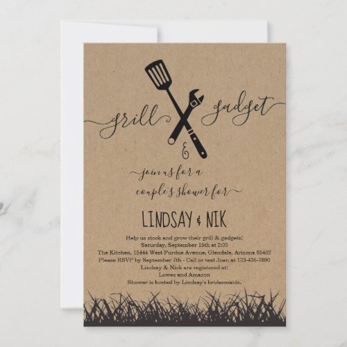 Grill & Gadget Bridal / Couple's Shower Invitation - Grill & Gadget Bridal / Couple's Shower Invitation - Hand-drawn BBQ utensil and tool on a wonderfully rustic kraft background.