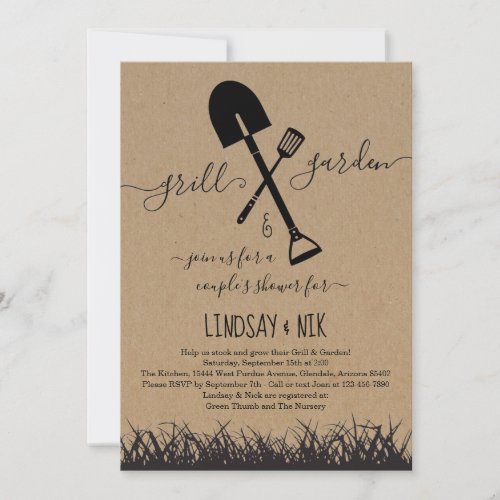 Grill & Garden Bridal / Couple's Shower Invitation - Grill & Garden Bridal / Couple's Shower Invitation - Hand-drawn BBQ utensil and lawn tool on a wonderfully rustic kraft background.