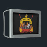 Grill King Belt Buckle<br><div class="desc">Barbecue grill over flaming charcoal,  scroll banner with custom text over fork and spatula. Custom background color.</div>