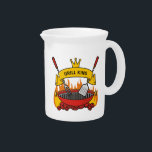 Grill King Beverage Pitcher<br><div class="desc">Barbecue grill over flaming charcoal, scroll banner with custom text over fork and spatula.</div>