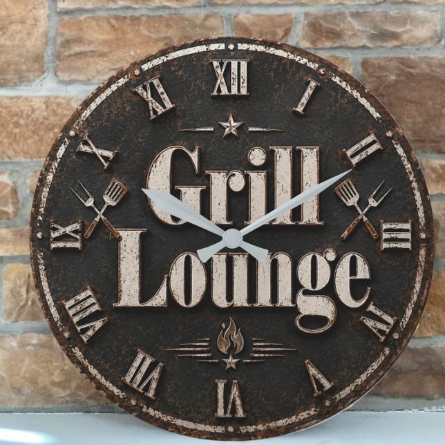Grill Lounge Rustic BBQ Man Cave Grill Master Gift Large Clock (Creator Uploaded)