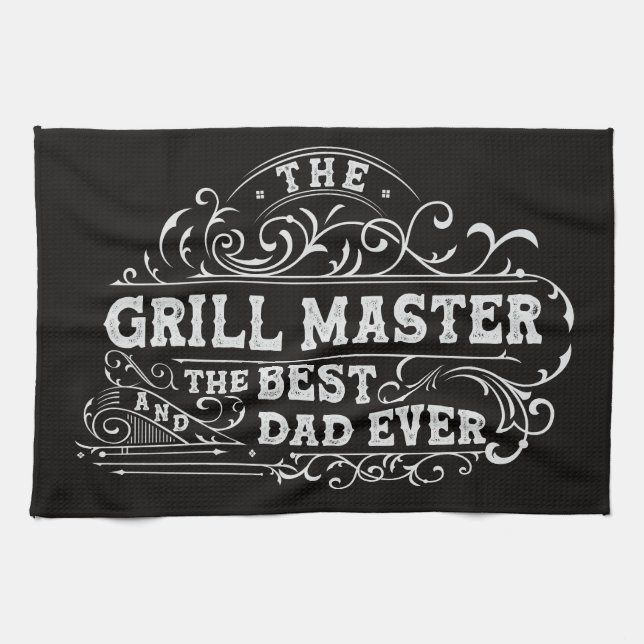 Grill Master and Best Dad Ever Fathers Day Black Kitchen Towel (Horizontal)
