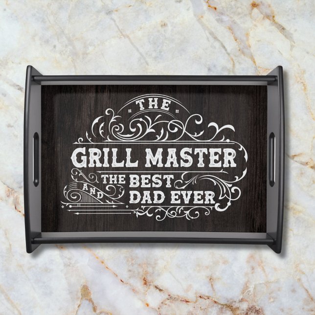 Grill Master and Best Dad Ever Fathers Day Black Serving Tray (Close up)