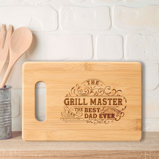 Grill Master and Best Dad Ever Fathers Day Engraved Cutting Board (In situ kitchen)