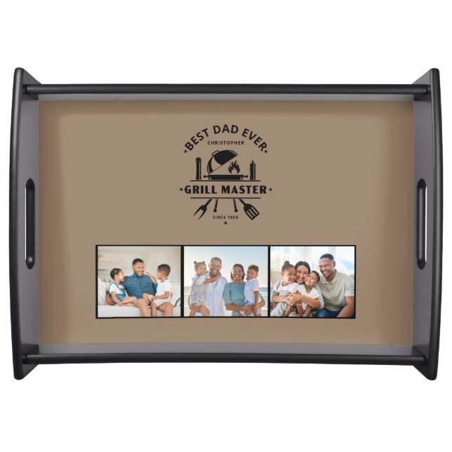 Grill Master | Best Dad Ever Custom 3 Photo Brown Serving Tray (Front)